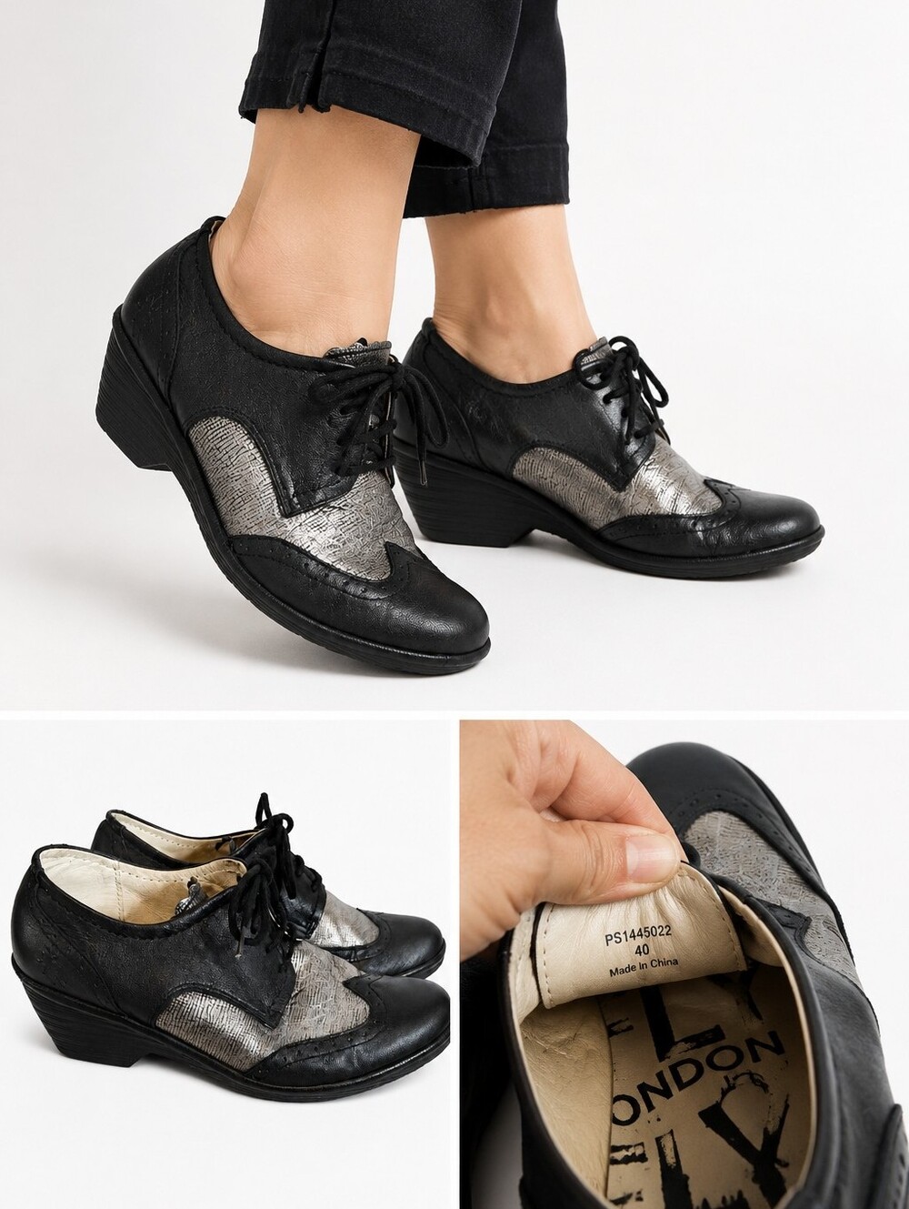 Fly London Black Silver Leather Lace Up Wedge Oxford Shoes Size 40 9- 9.6